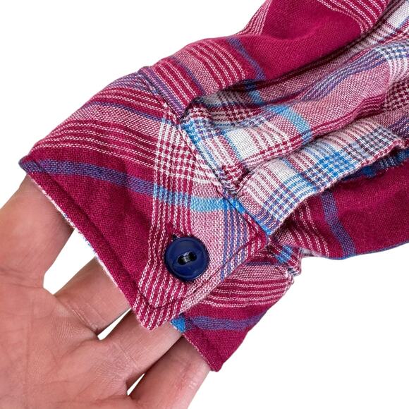 Boston Traders Pink Plaid Hooded Button Up Roll Tab Sleeve Flannel Shirt Size M - Picture 7 of 10